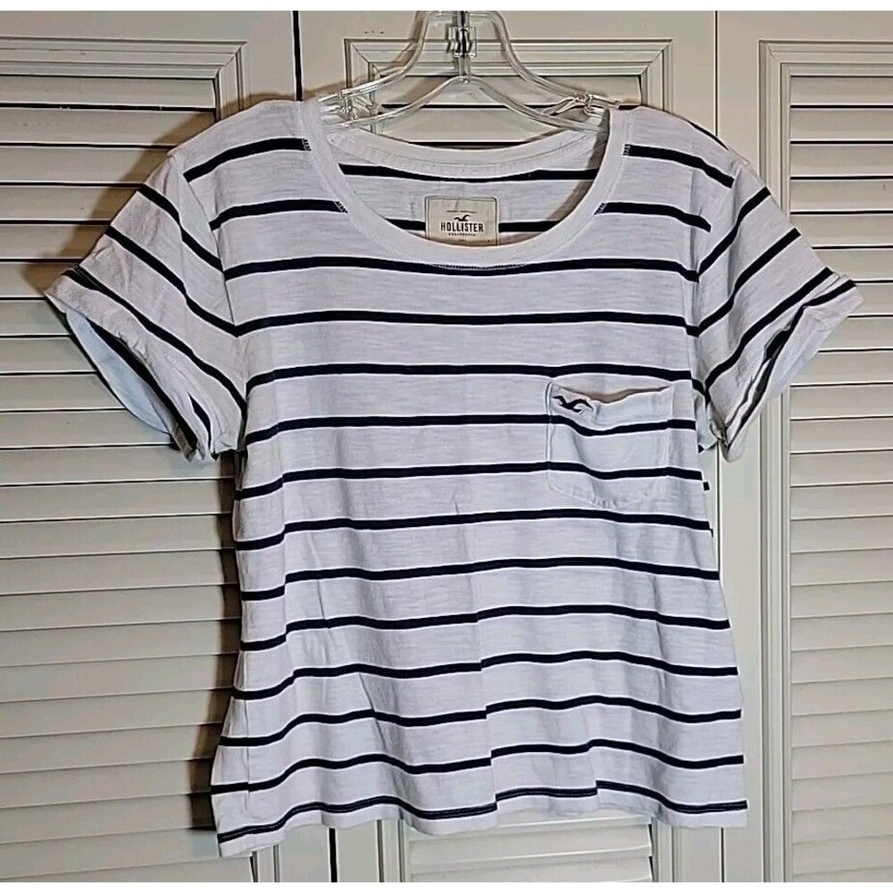 Hollister T-Shirt Wmns M Crop Top Blue & White Striped Short Sleeve Pocket Cali